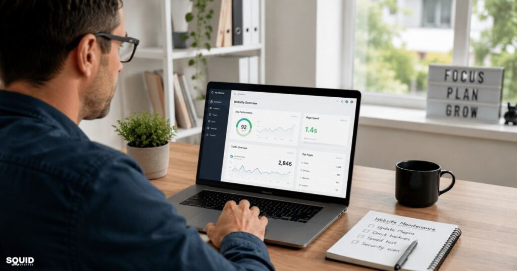 The Pod 30 Website maintenance dashboard being reviewed by an Australian business owner Squid Digital Sydney